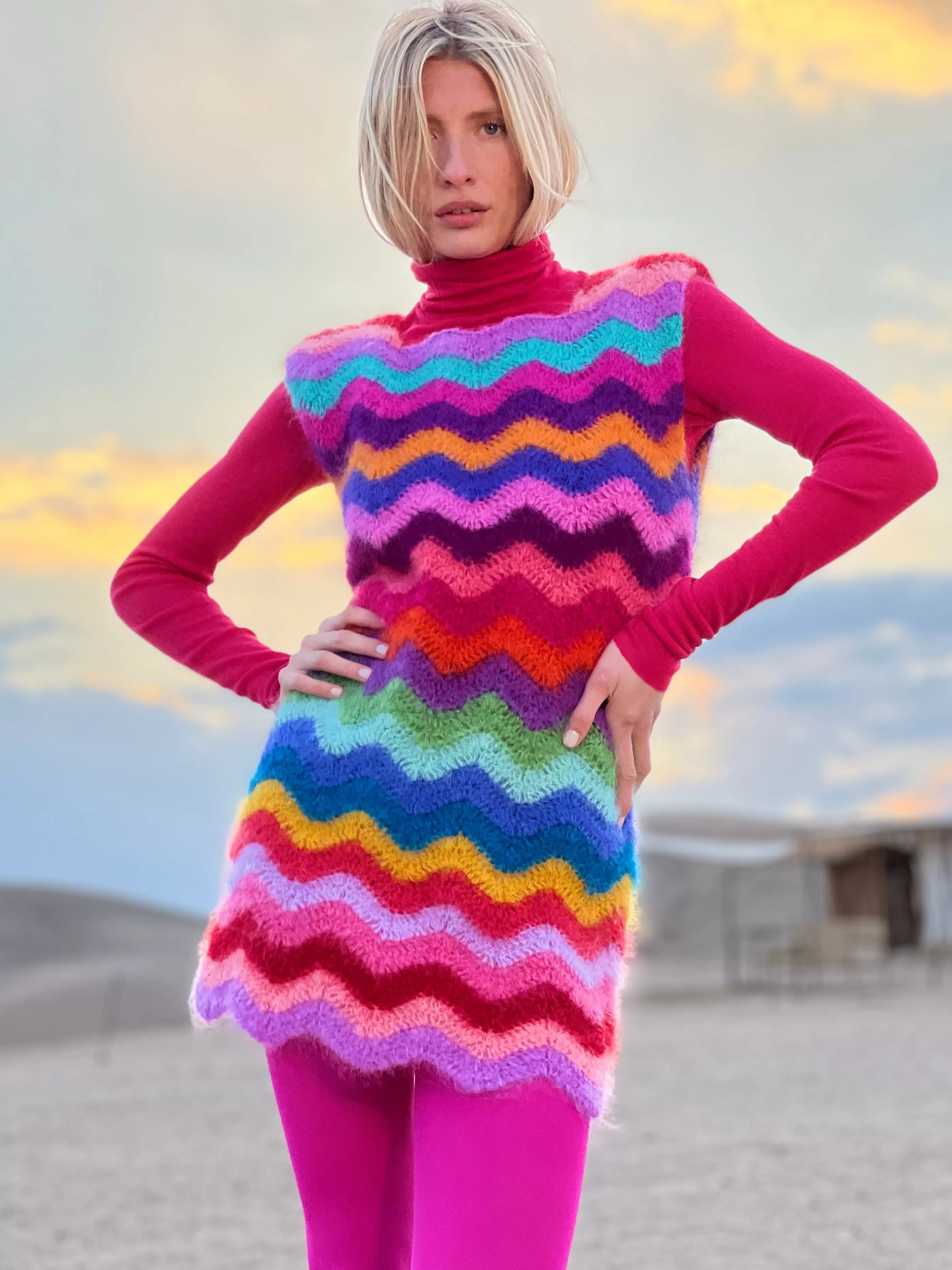 Fashion Rose Carmine DRESS WAVE MOHAIR MULTICOLOR