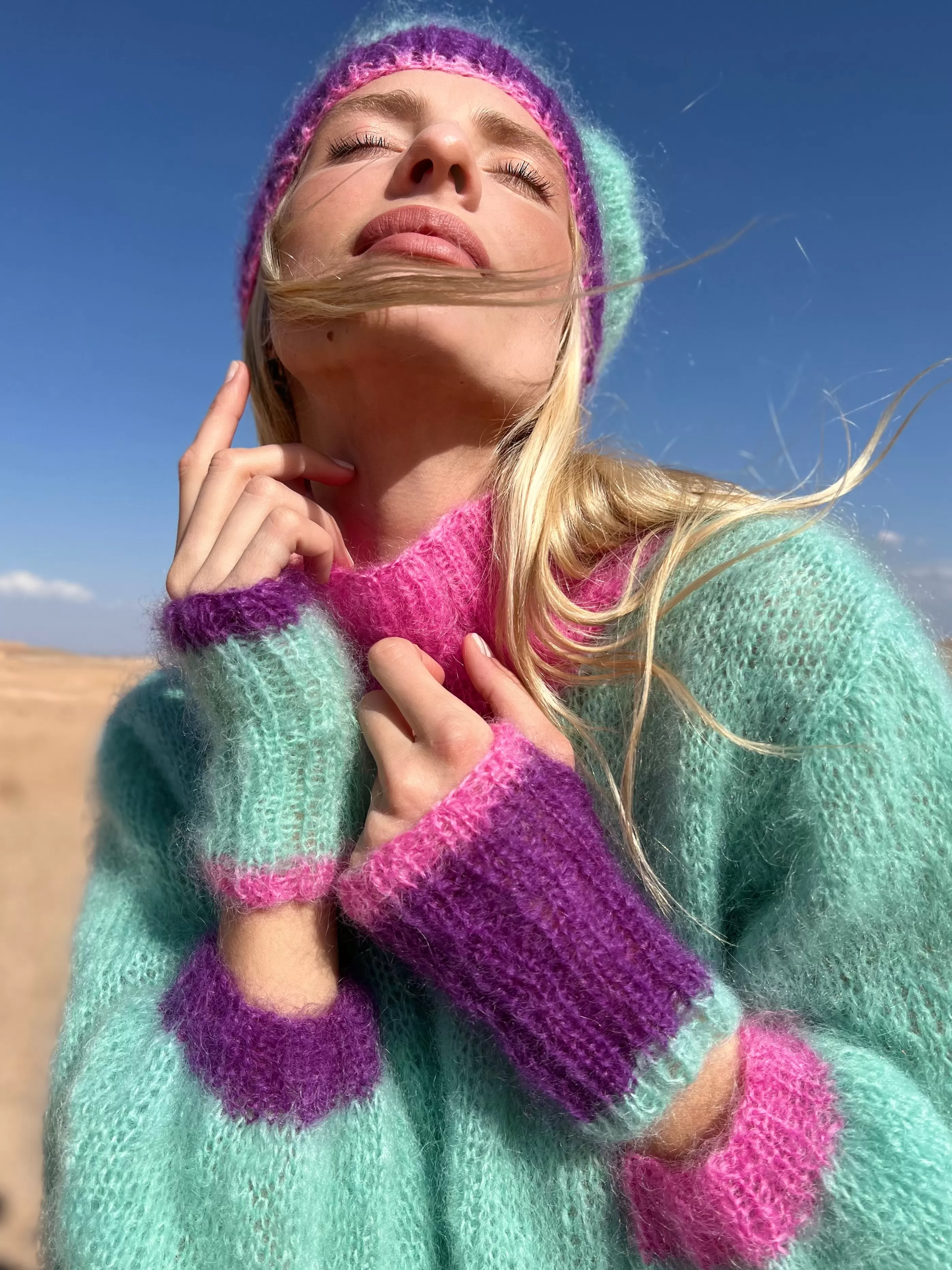 Flash Sale Rose Carmine HAT & MITTENS COLORBLOCK AQUA
