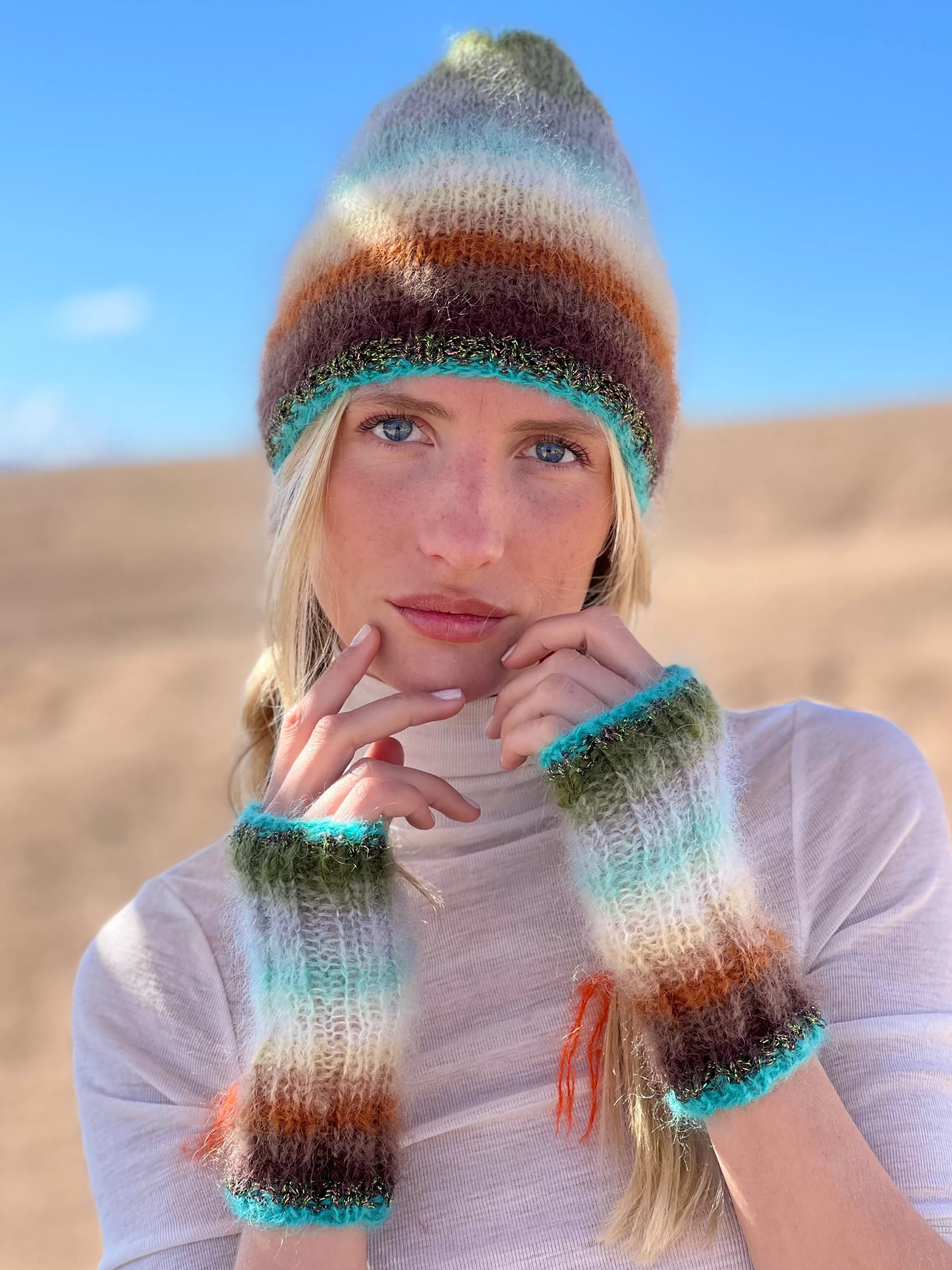 Clearance Rose Carmine HAT & MITTENS STRIPES 12 COLORS CHOCO/KAKI