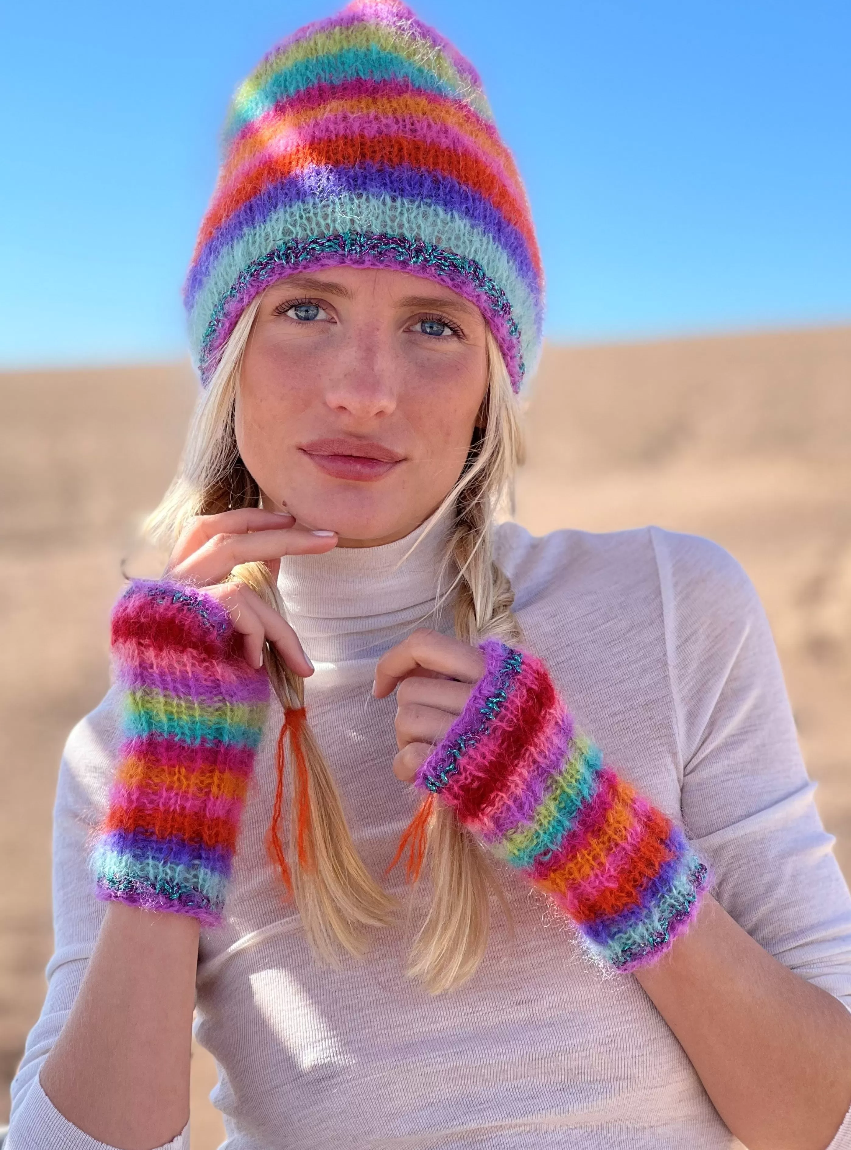 Cheap Rose Carmine HAT & MITTENS STRIPES 12 COLORS MULTICOLOR