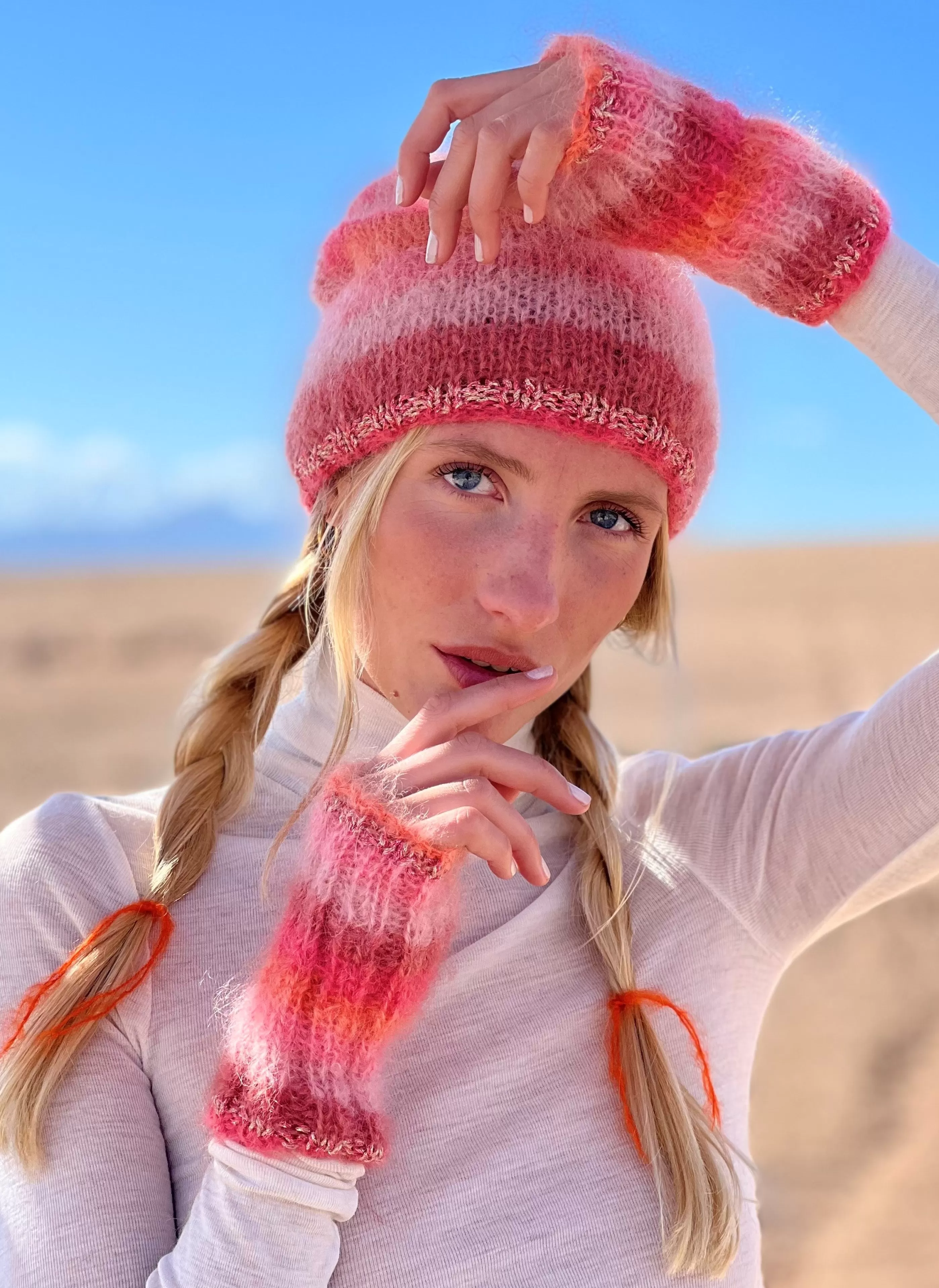 Clearance Rose Carmine HAT & MITTENS STRIPES 5 COLORS BLUSH