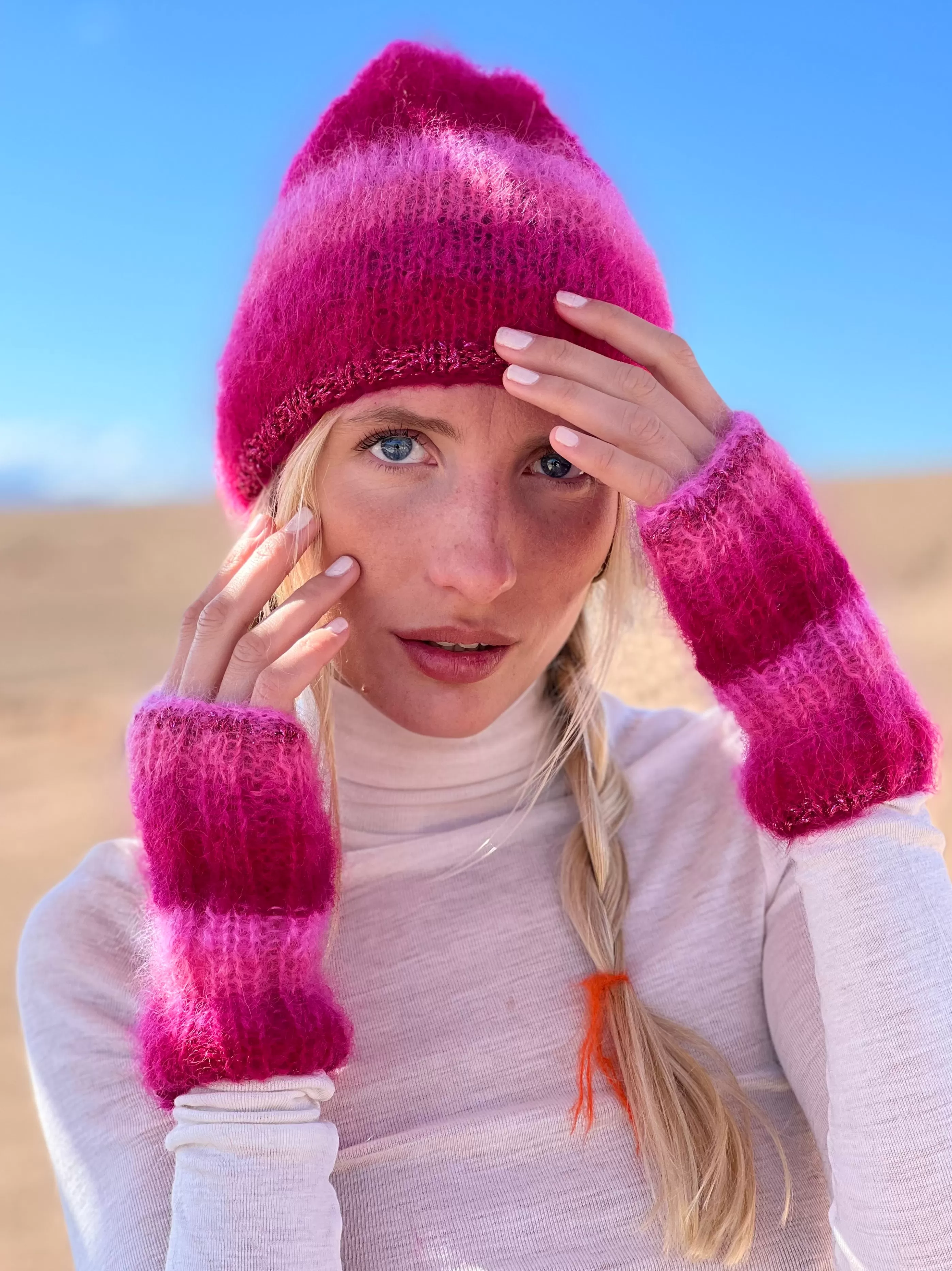 Shop Rose Carmine HAT & MITTENS STRIPES 5 COLORS PINK