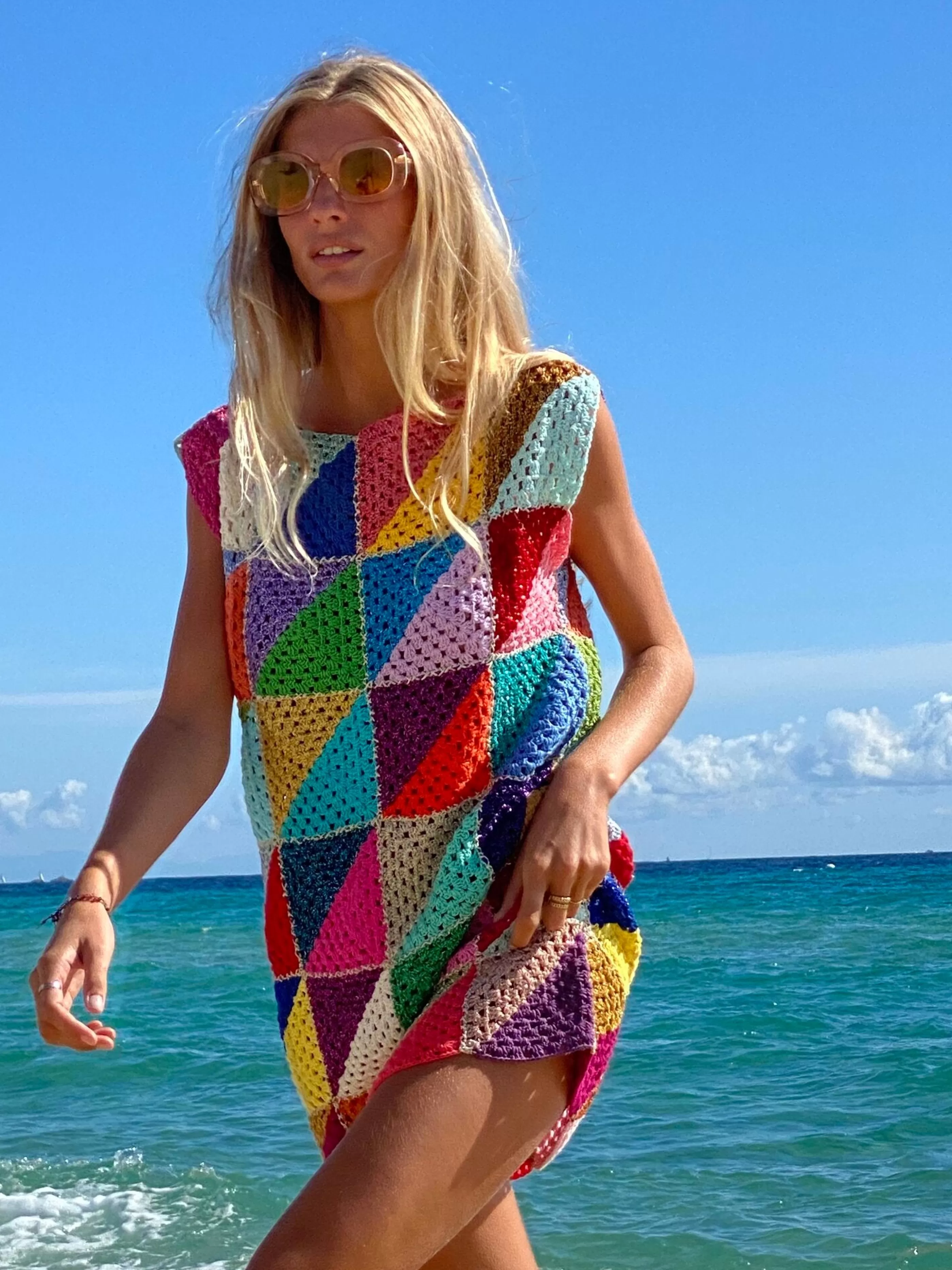 Best Sale Rose Carmine MULTICOLOR DIAGONALES SHORT DRESS NO SLEEVES