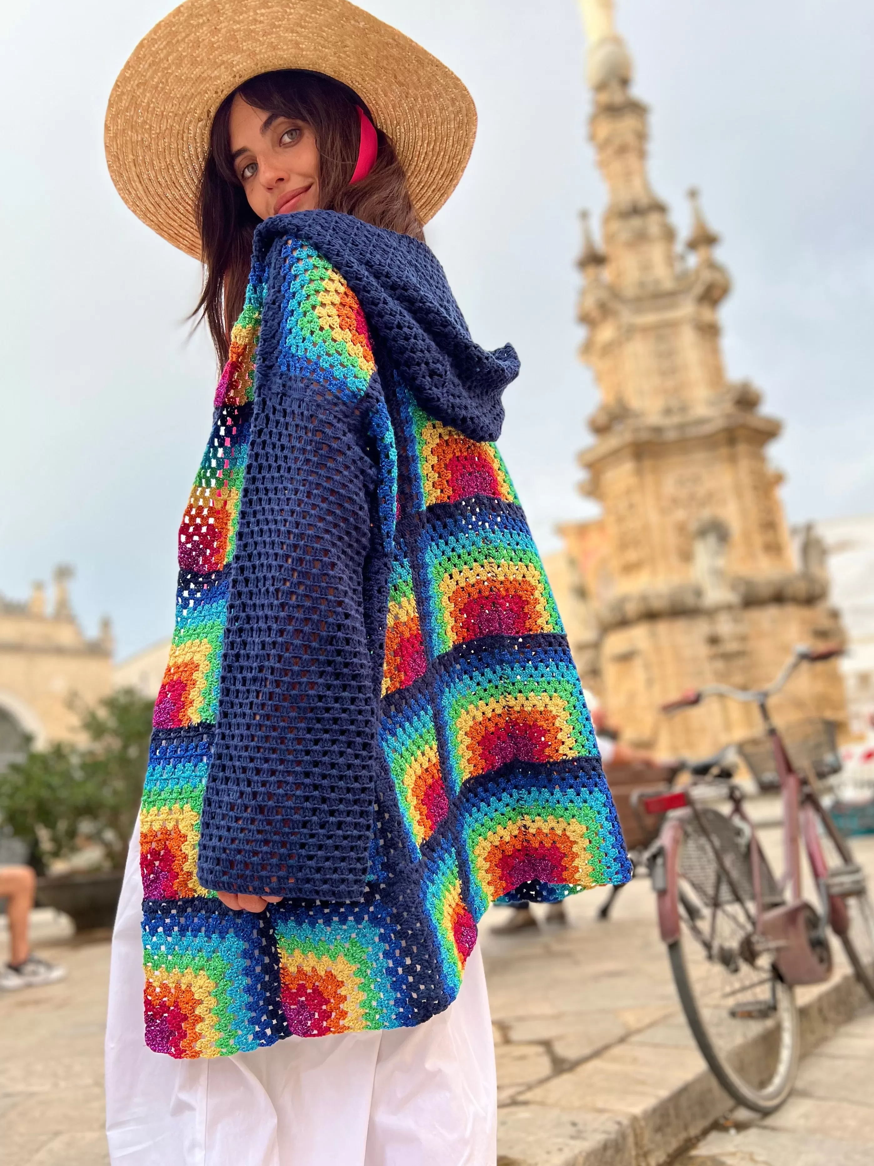 Clearance Rose Carmine NAVY RAINBOW HOODIE LONG JACKET