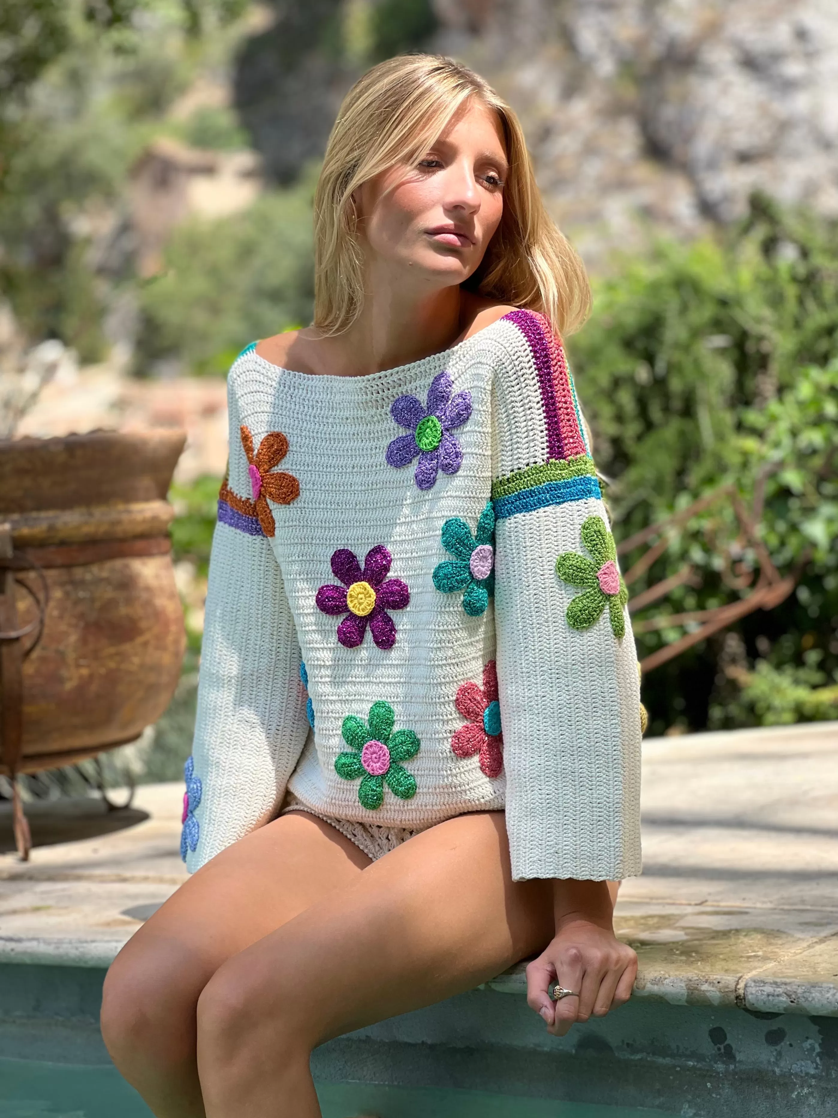 Shop Rose Carmine SWEATER FREE FLOWERS ECRU (Spring/Summer)