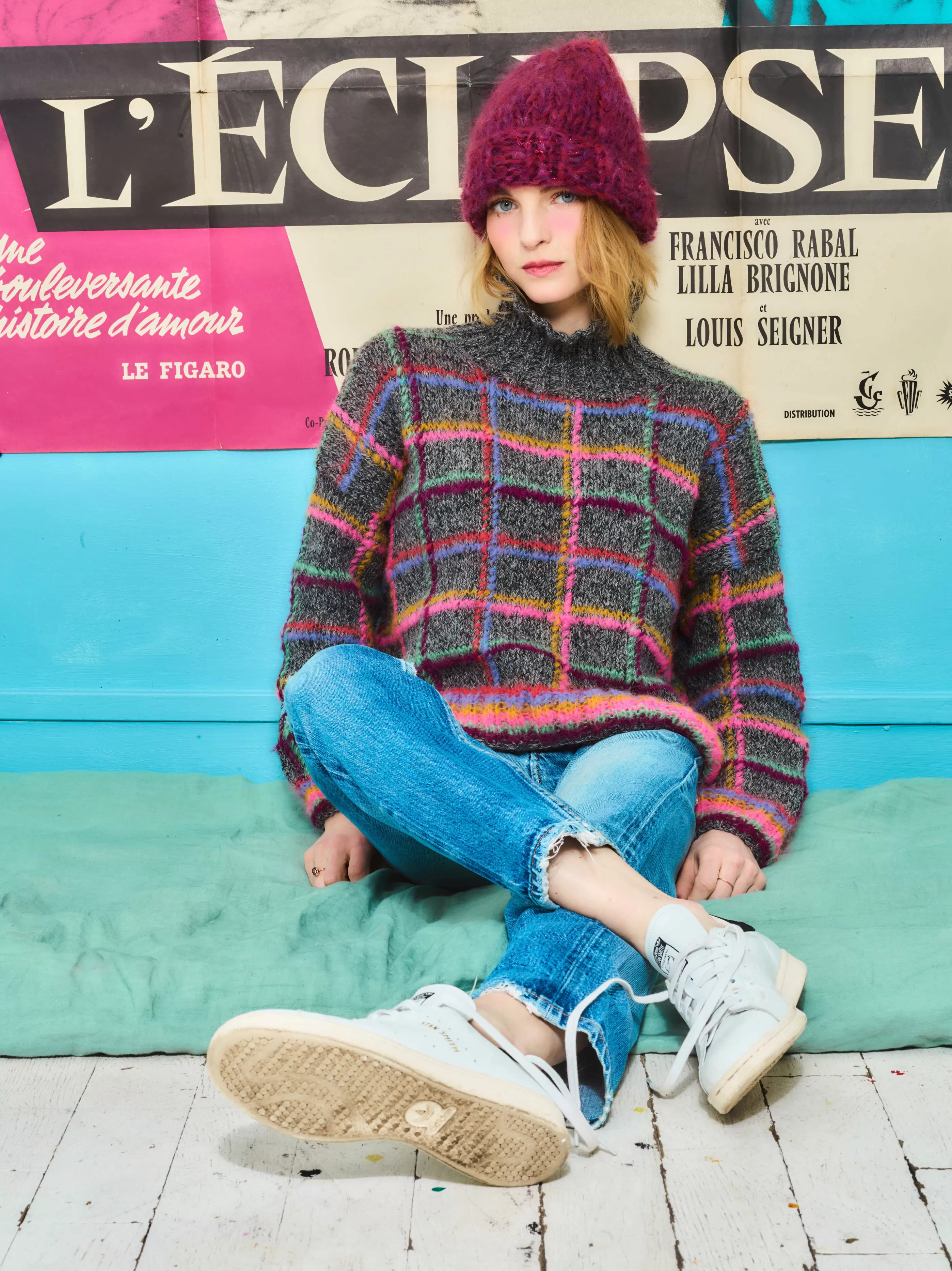 Clearance Rose Carmine SWEATER ROUND NECK TARTAN GREY